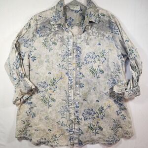 Vintage Goa Womens XL Floral Cotton Button Down Shirt Embroidered Blue Gray Boho